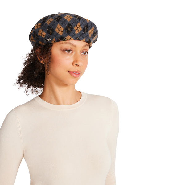 ARGYLE KNIT BERET W. LOGO PLATE BLACK